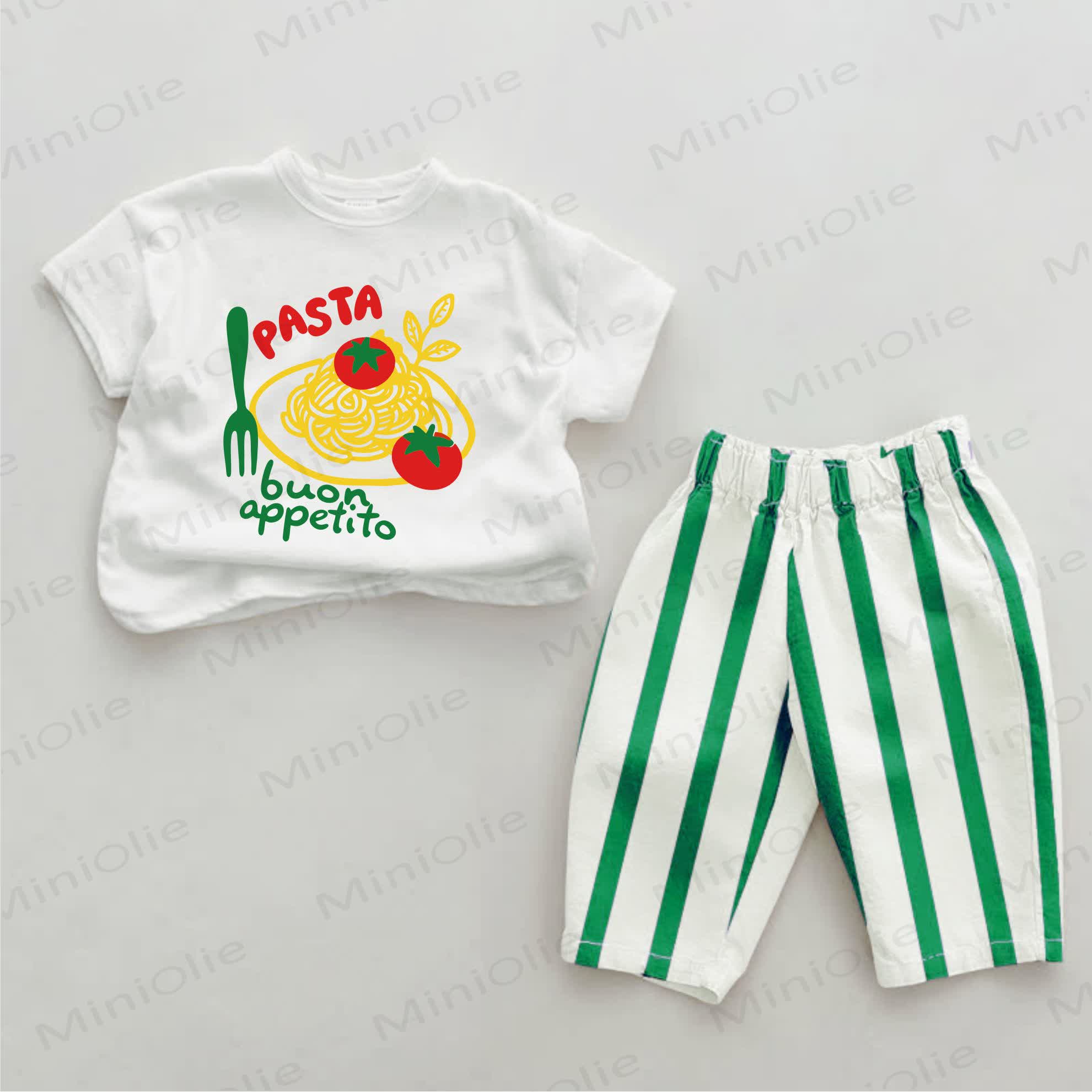 PASTA BUON APPETITO Baby Green Pasta Print Vertical Striped 2-piece Set - White&Green - 2-3T - image 1