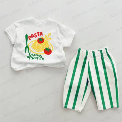 PASTA BUON APPETITO Baby Green Pasta Print Vertical Striped 2-piece Set - White&Green - 2-3T - image 1