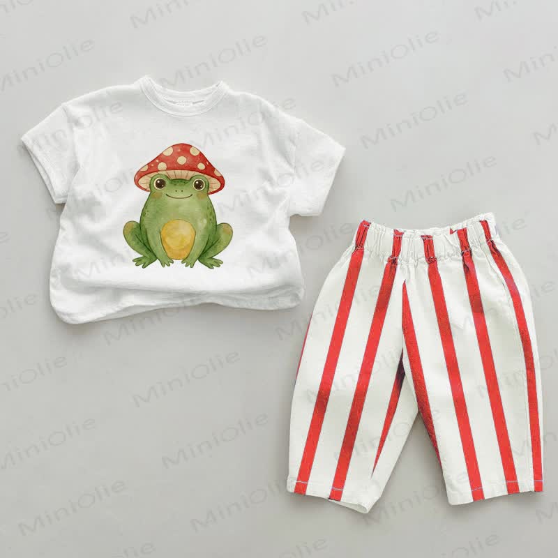 Baby Mushroom&Frog Red Vertical Striped 2-piece Set - White&Red - 2-3T - image 1