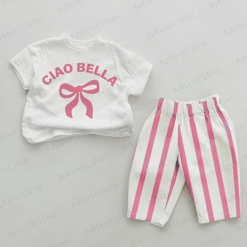 CIAO BELLA Baby Bowknot Pink Vertical Striped 2-piece Set - White&Pink - 2-3T - image 1