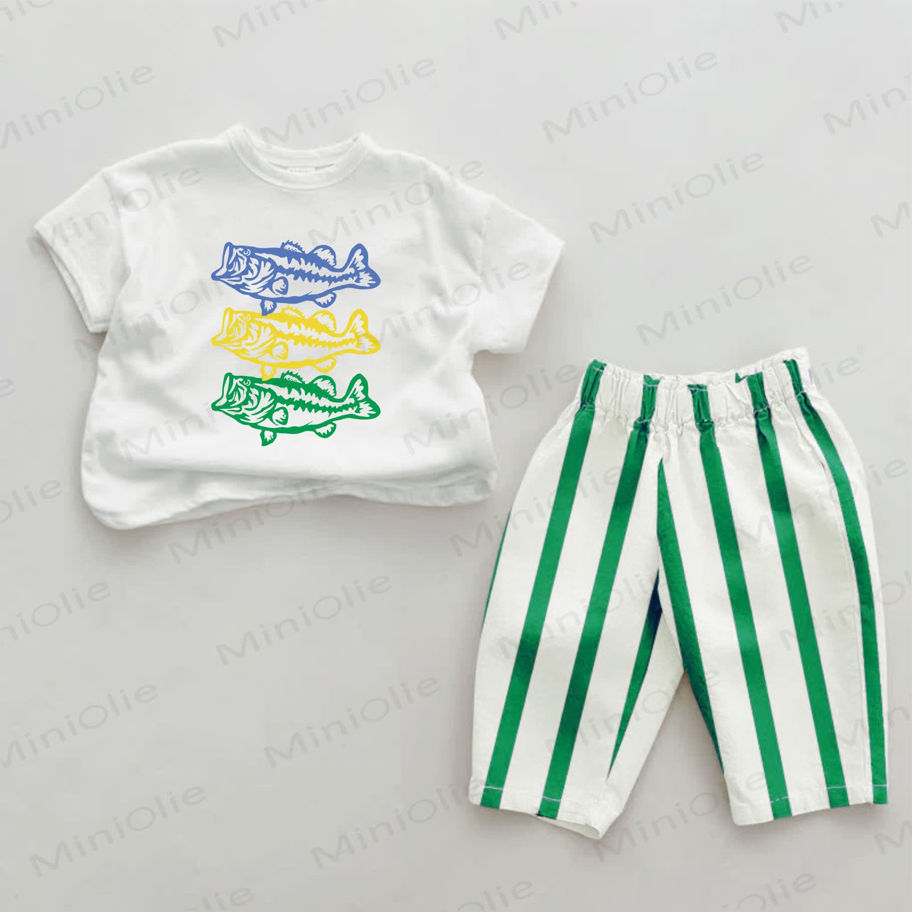 Baby Green Largemouth Bass Vertical Striped 2-piece Set - White&Green - 2-3T - image 1