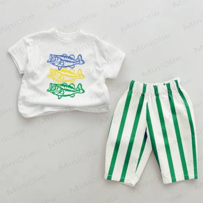Baby Green Largemouth Bass Vertical Striped 2-piece Set - White&Green - 2-3T - image 1
