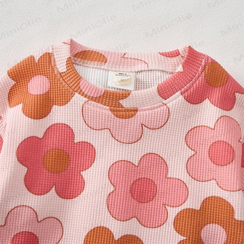 Baby Pink Flower Waffle Sweartshit and Pants 2-piece Set - image 4