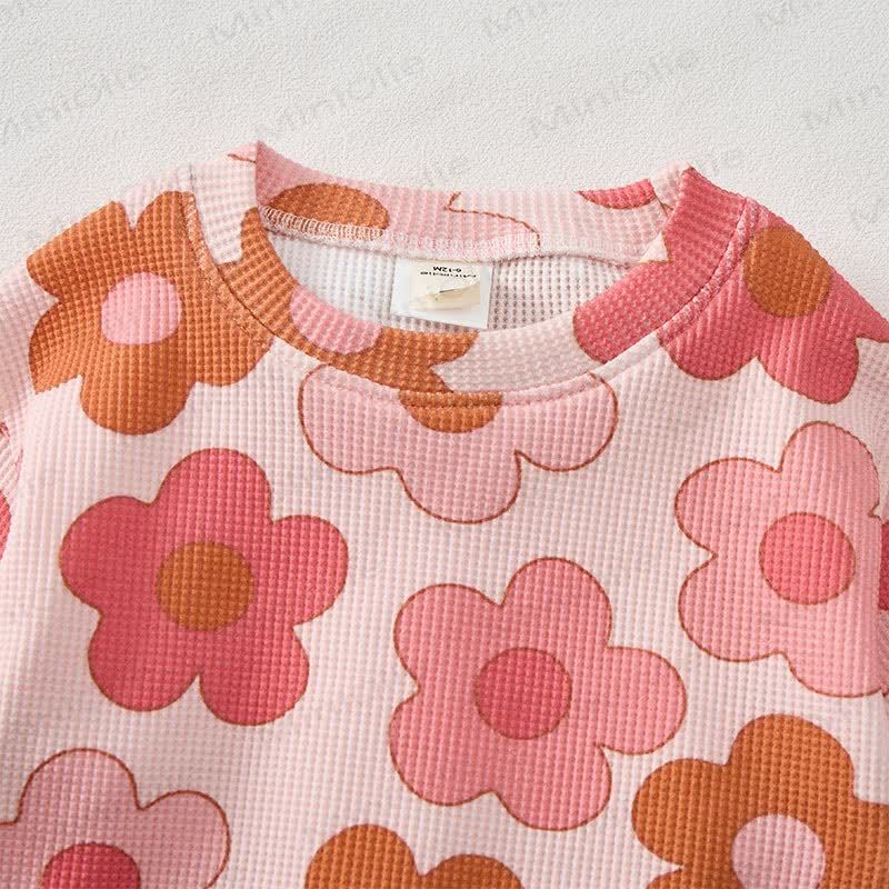 Baby Pink Flower Waffle Sweartshit and Pants 2-piece Set - image 4