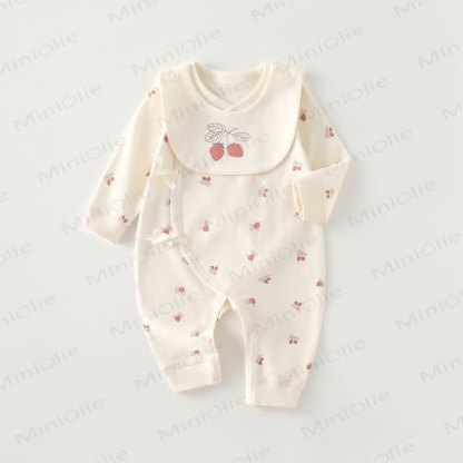 Baby Cartoon Print Beige Newborn Romper - Strawberry - 3-6M - image 3