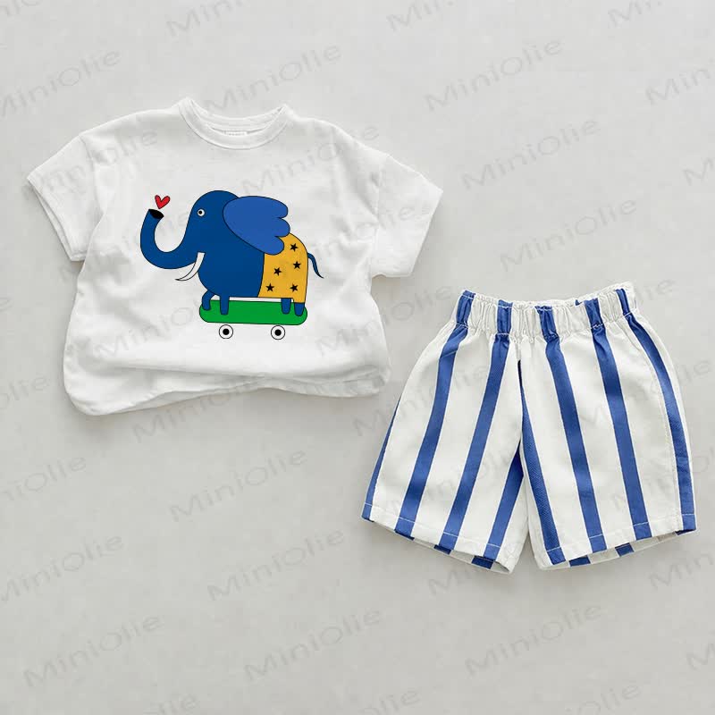 Baby Skateboarding Elephant Blue Vertical Striped 2-piece Shorts Set - White&Blue - 2-3T - image 1