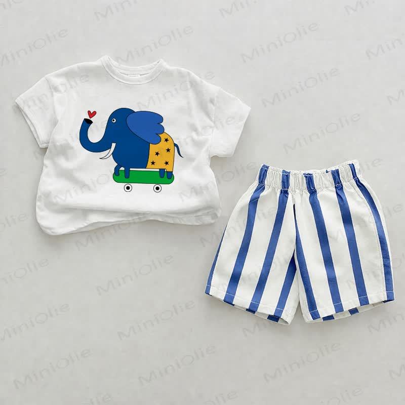 Baby Skateboarding Elephant Blue Vertical Striped 2-piece Shorts Set - White&Blue - 2-3T - image 1