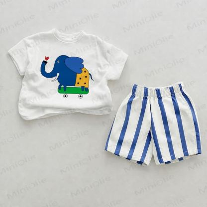 Baby Skateboarding Elephant Blue Vertical Striped 2-piece Shorts Set - White&Blue - 2-3T - image 1
