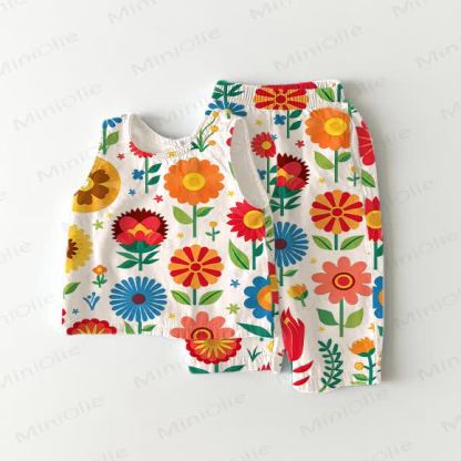 Toddler Girl Multicolor Flower Print White 2-piece Sleeveless Set - White - 5-7T - image 1