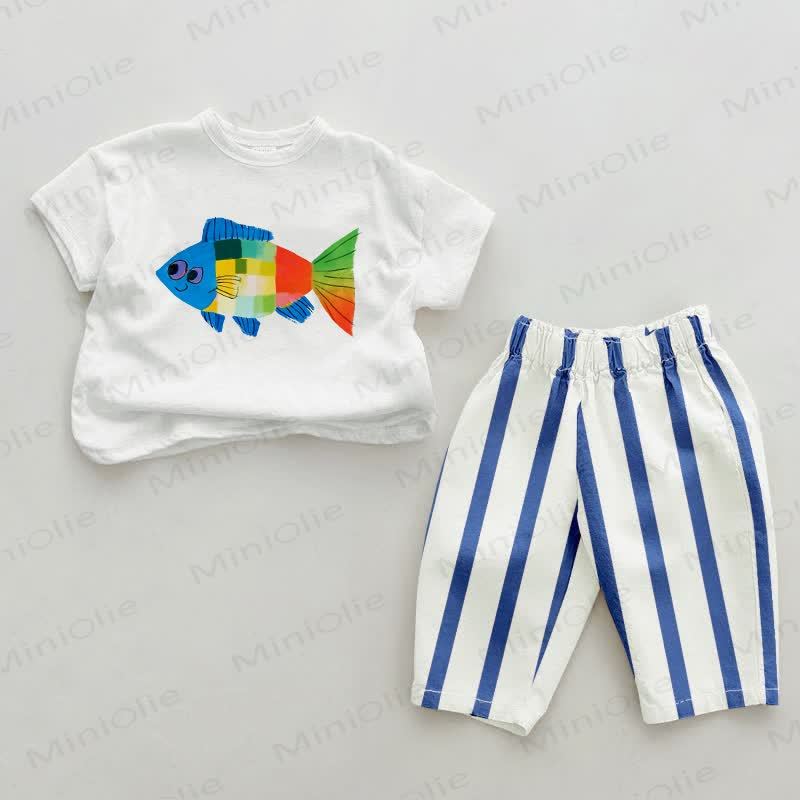 Baby Funny Colorful Fish Blue Vertical Striped 2-piece Set - White&Blue - 2-3T - image 1
