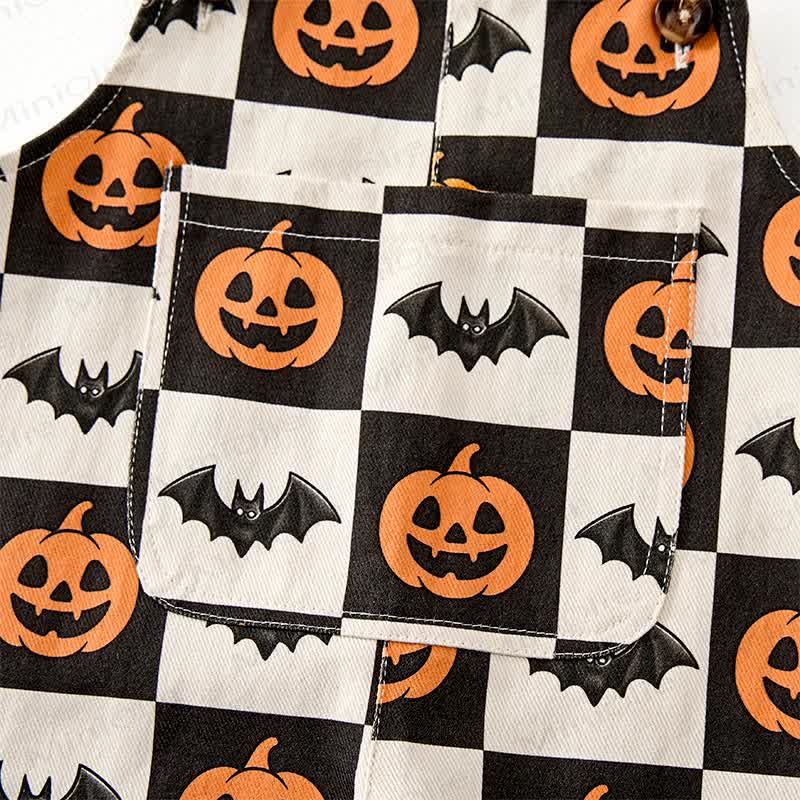 Baby Toddler Pumpkin Bat Black White Checkerboard Print Beige Overalls - image 6