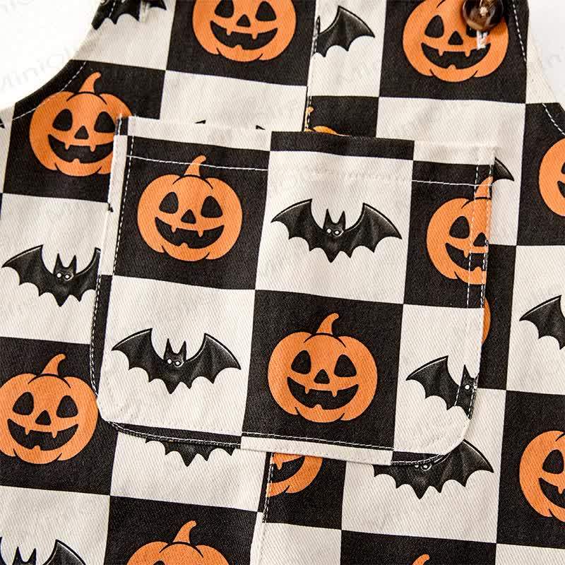 Baby Toddler Pumpkin Bat Black White Checkerboard Print Beige Overalls - image 6