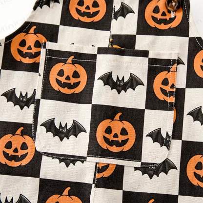 Baby Toddler Pumpkin Bat Black White Checkerboard Print Beige Overalls - image 6
