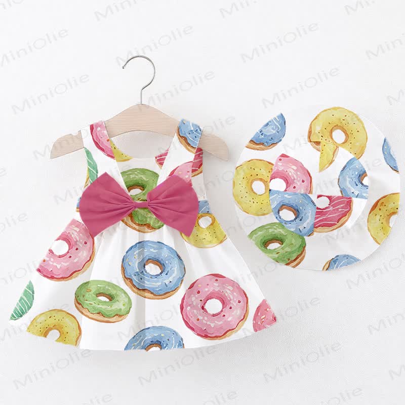 Baby Girl Bowknot Donut Print Dress with Hat - White - 2-3T - image 1