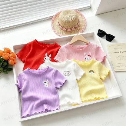 Toddler Baby Girl Ribbed Animal Embroidered Ruffle Trim T-Shirt - image 7