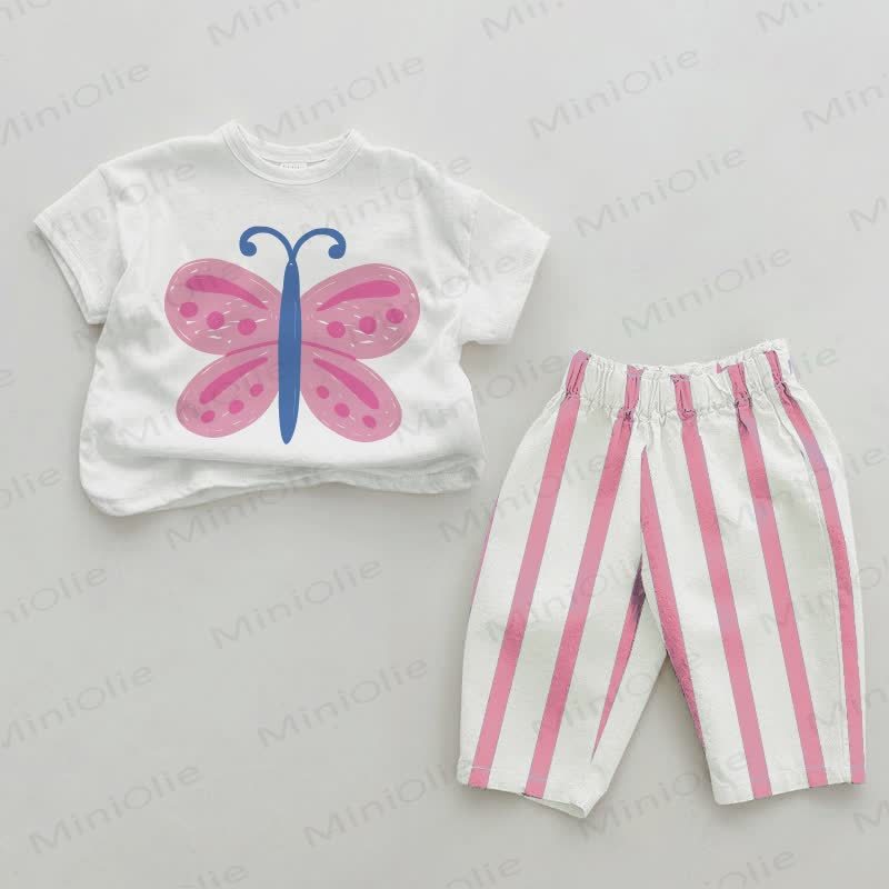 Baby Pink Butterfly Vertical Striped 2-piece Set - White&Pink - 2-3T - image 1