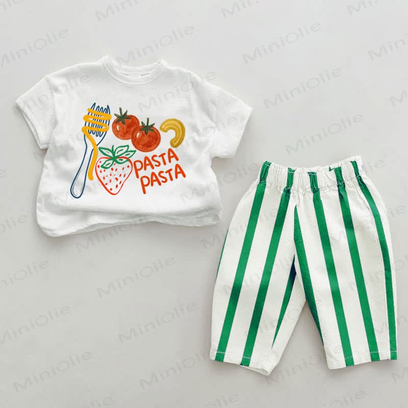 PASTA PASTA Baby Green Food Print Vertical Striped 2-piece Set - White&Green - 2-3T - image 1