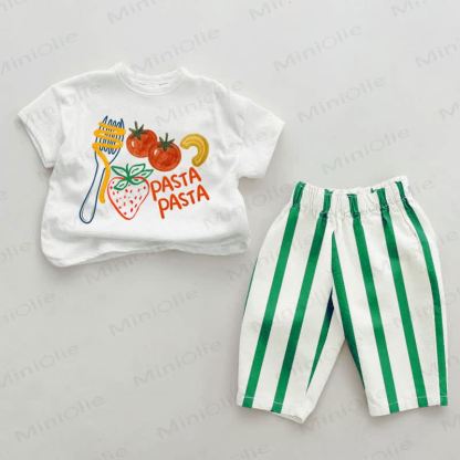 PASTA PASTA Baby Green Food Print Vertical Striped 2-piece Set - White&Green - 2-3T - image 1