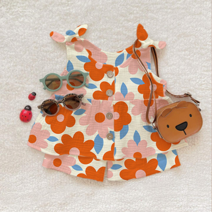 Baby Girl Cute Floral Print Suspenders 2-piece Set - Beige - 2-3T - image 1