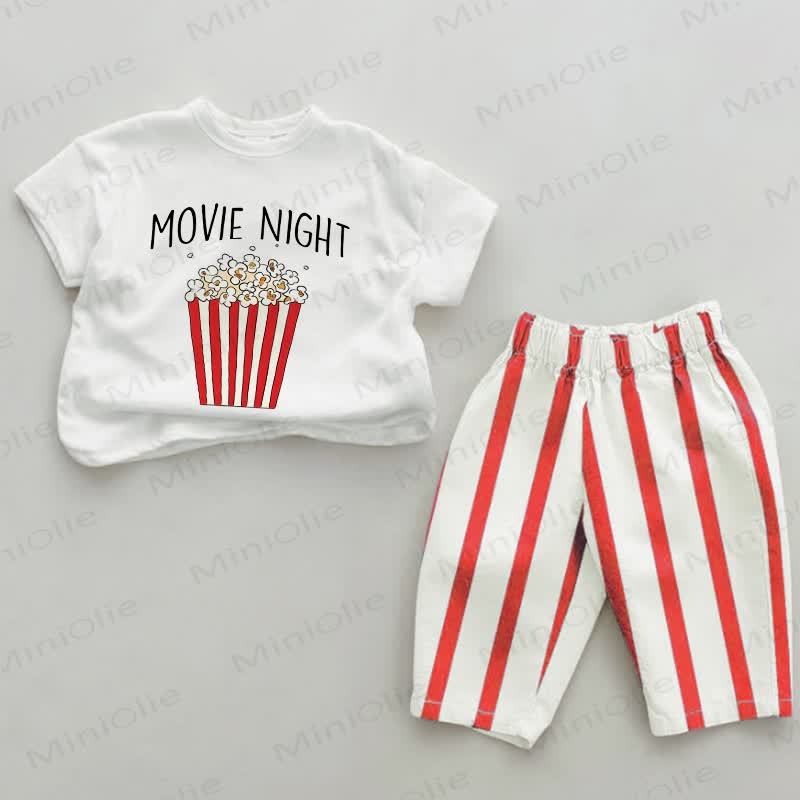 MOVIE NIGHT Baby Popcorn Print Red Striped 2-piece Set - White&Red - 2-3T - image 1