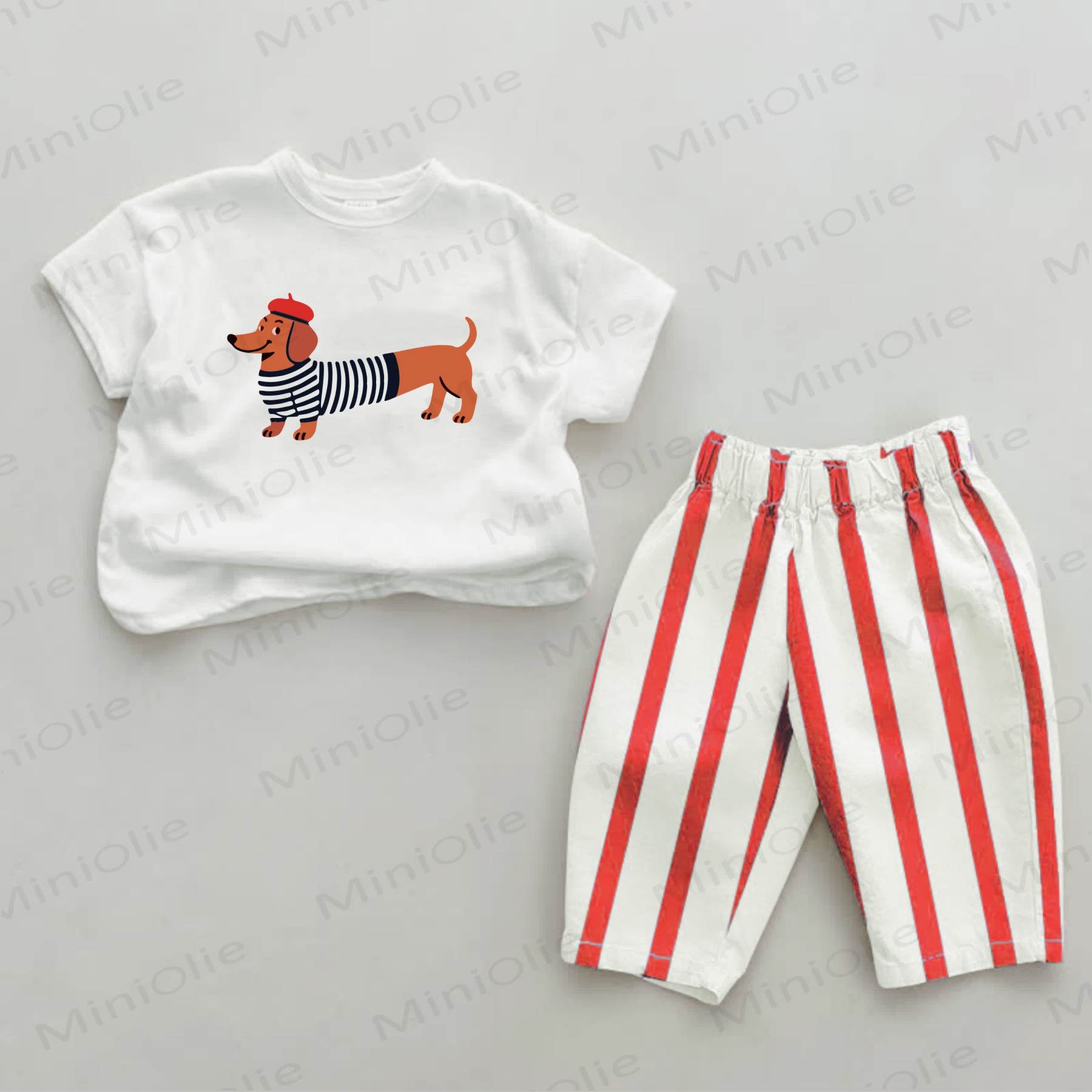 Baby Dachshund Print Red Striped 2-piece Set - White&Red - 2-3T - image 1