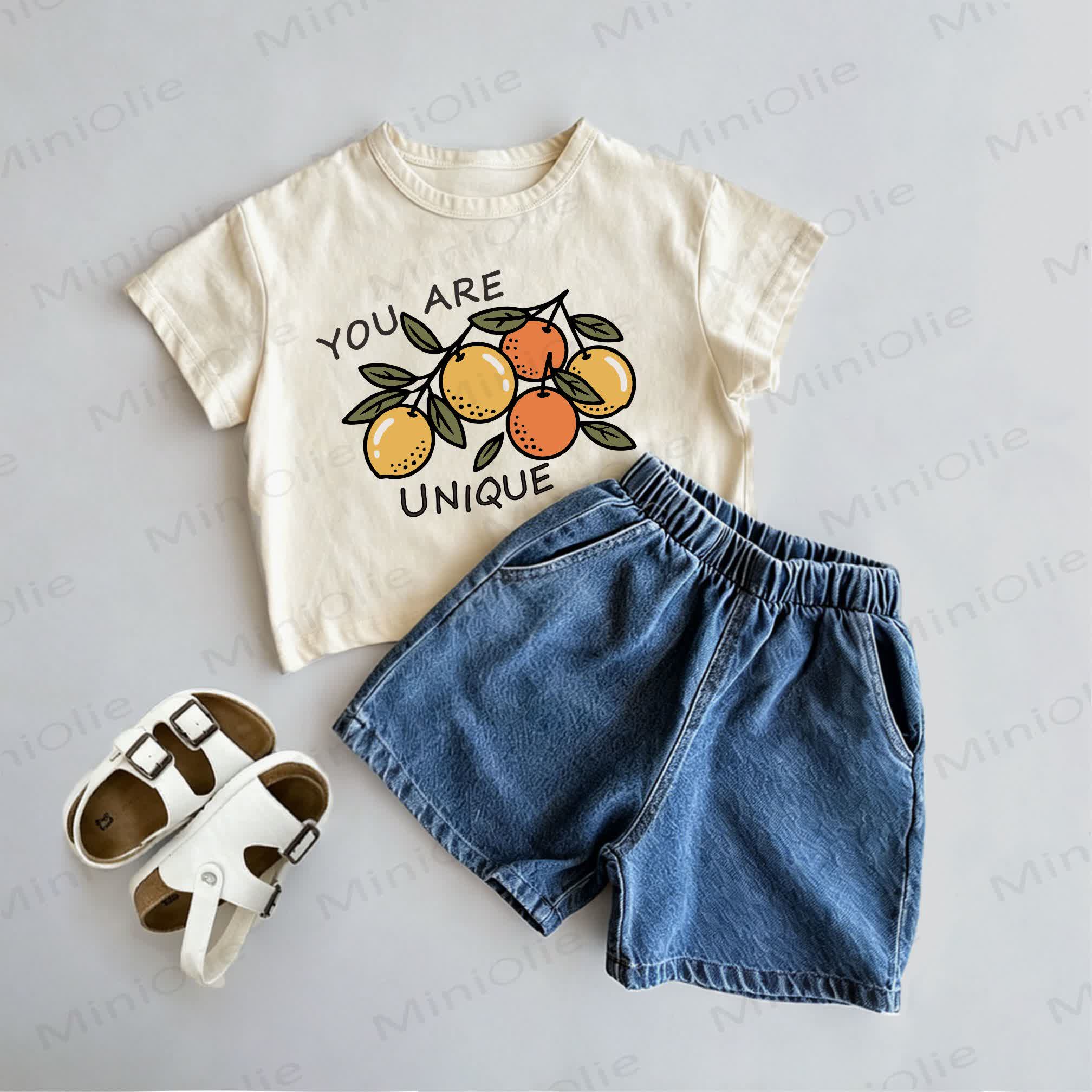 YOU ARE UNIQUE Baby Toddler Orange Print Tee and Denim Shorts 2-Piece Set - Beige - 3-5T - image 1