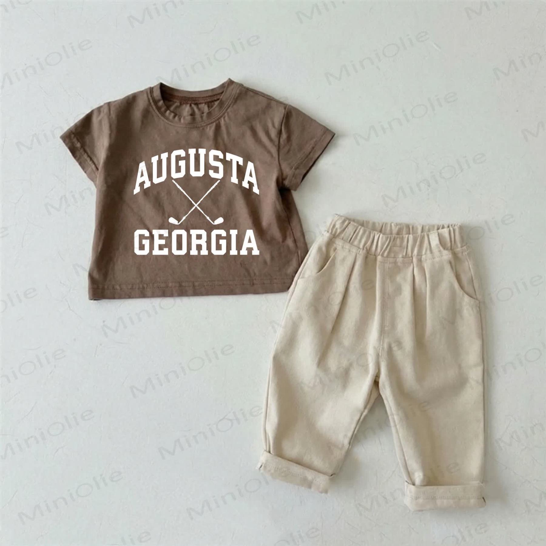 AUGUSTA GEORGIA Baby Brown Golf Iron Print T-shirt and Beige Pants 2-piece Set - Brown - 2-3T - image 1
