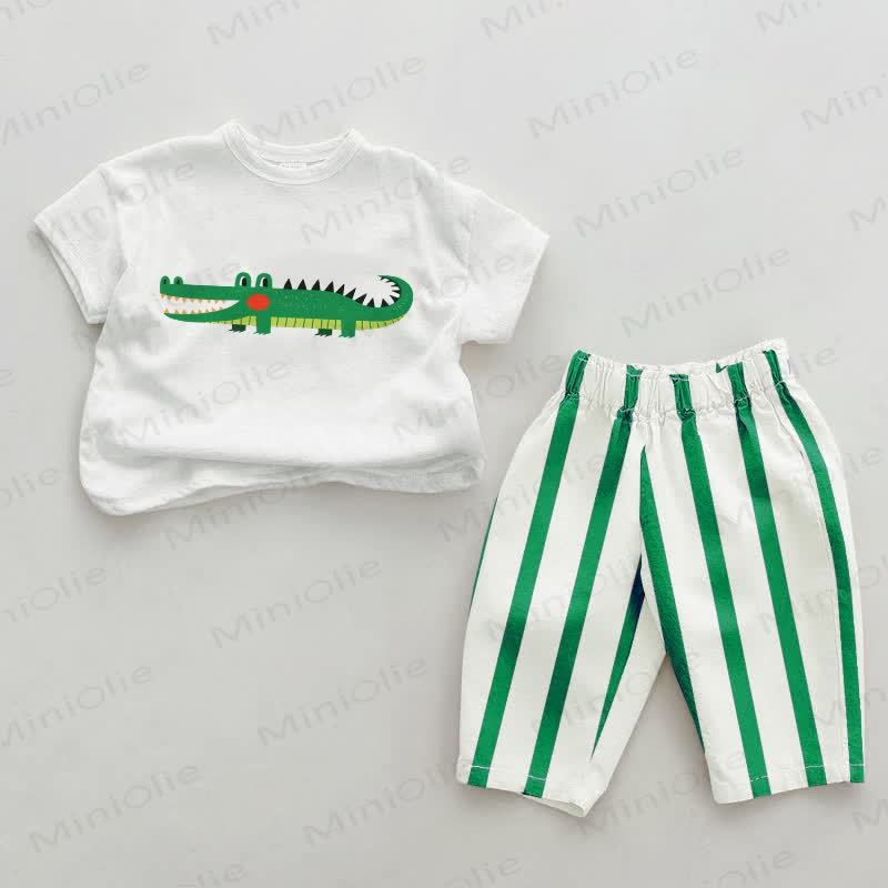 Baby Green Crocodile Print Vertical Striped 2-piece Set - White&Green - 2-3T - image 1