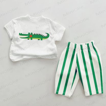 Baby Green Crocodile Print Vertical Striped 2-piece Set - White&Green - 2-3T - image 1