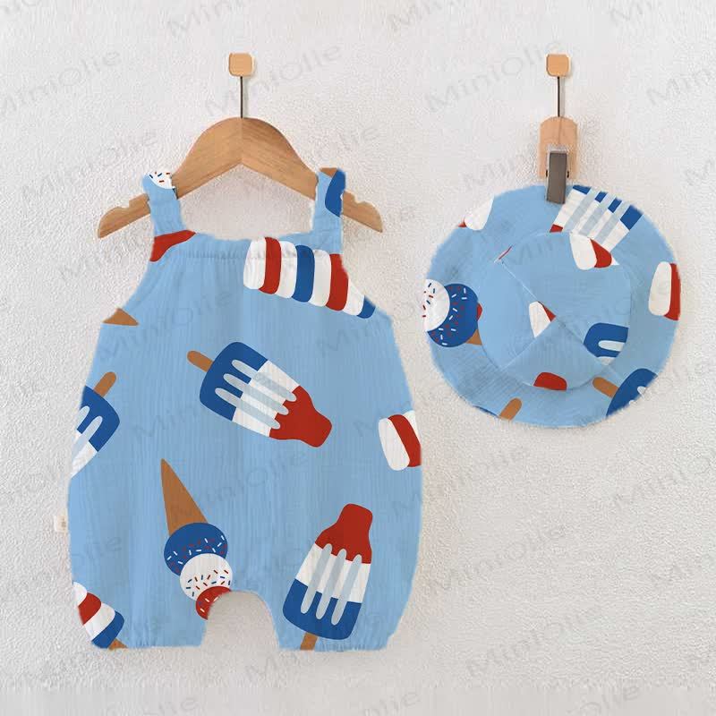 Baby Ice Cream Print Blue Romper With Hat - Blue - 18-24M - image 1