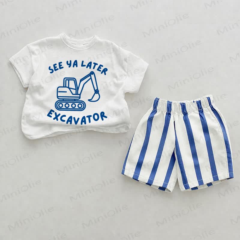 SEE YA LATER EXCAVATOR Baby Blue Vertical Striped 2-piece Shorts Set - White&Blue - 2-3T - image 1
