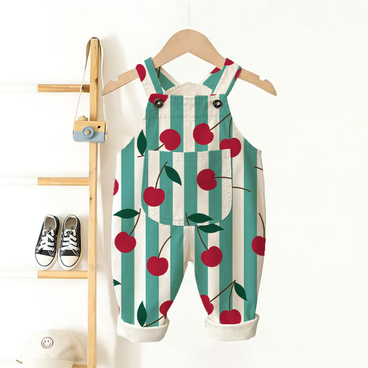 Baby Toddler Cherry Green Stripes Beige Pocket Overalls - Beige - 3-5T - image 1