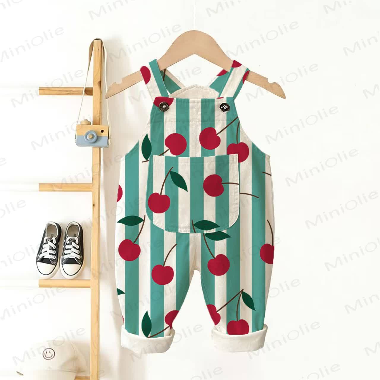 Baby Toddler Cherry Green Stripes Beige Pocket Overalls - Beige - 3-5T - image 1