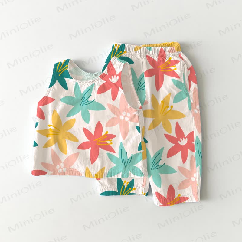 Baby Toddler Girl Colorful Flowers Sleeveless 2-piece Set - White - 3-4T - image 1