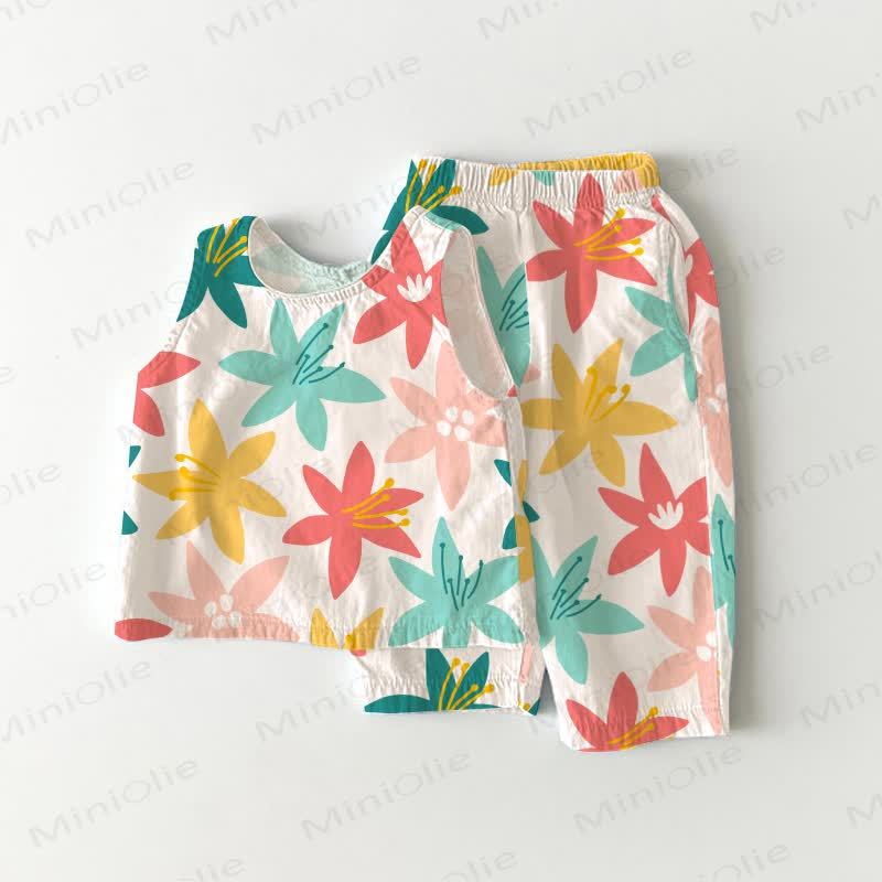 Baby Toddler Girl Colorful Flowers Sleeveless 2-piece Set - White - 3-4T - image 1