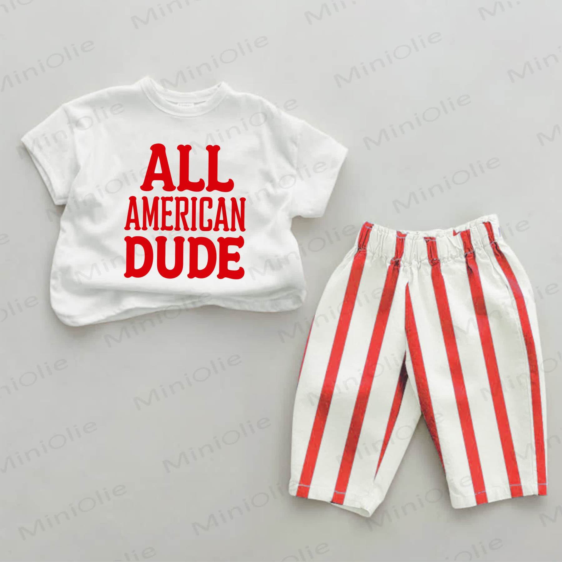 ALL AMERICAN DUDE Baby Slogan Print Red Striped 2-piece Set - White&Red - 2-3T - image 1