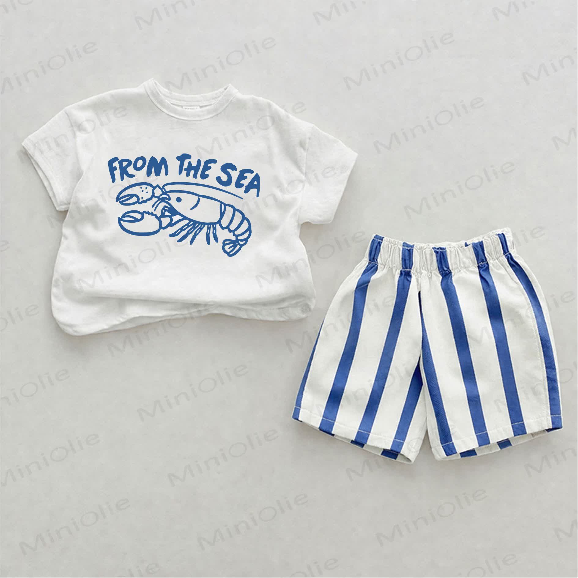 FROM THE SEA Baby Lobster Print Blue Vertical Striped 2-piece Shorts Set - White&Blue - 2-3T - image 1