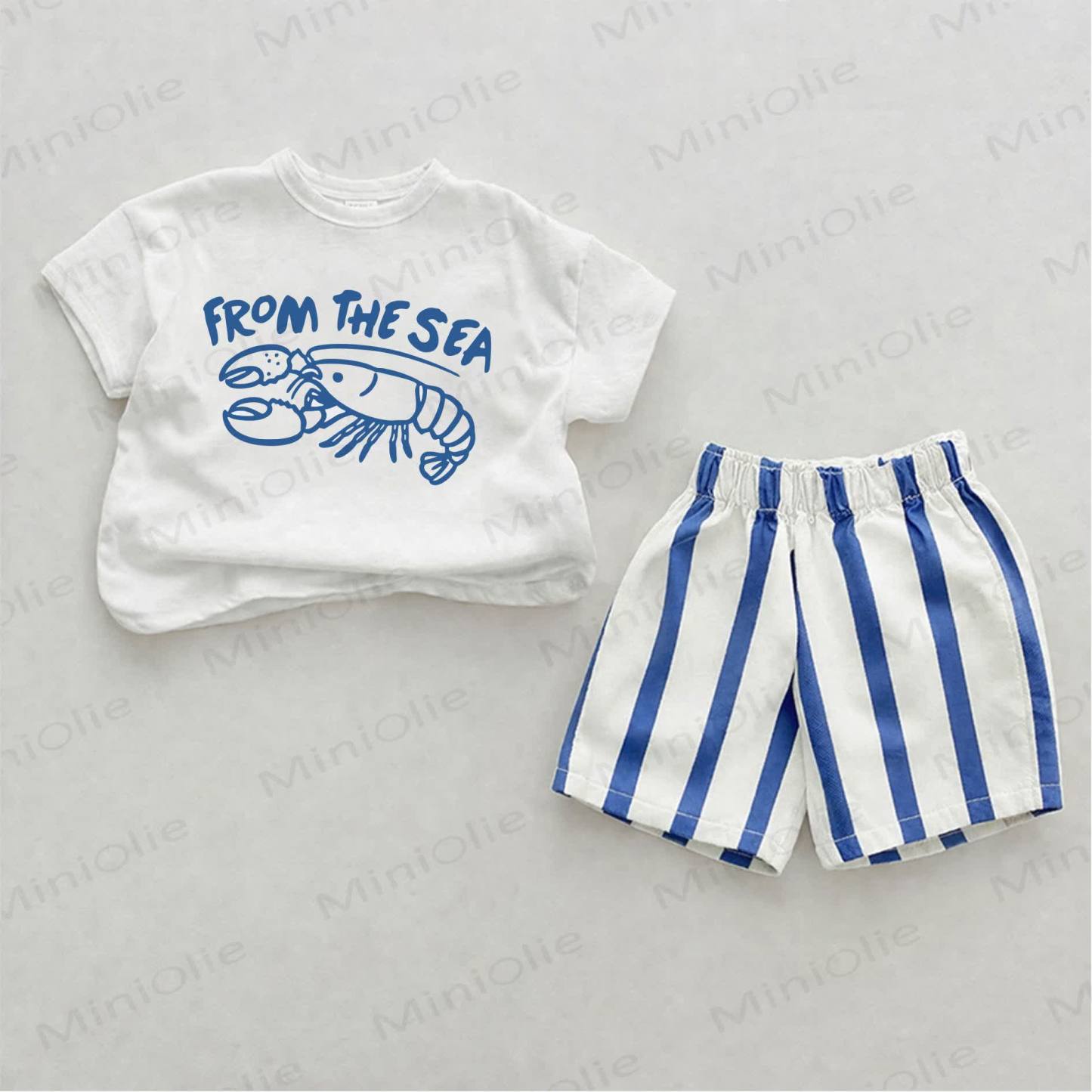 FROM THE SEA Baby Lobster Print Blue Vertical Striped 2-piece Shorts Set - White&Blue - 2-3T - image 1