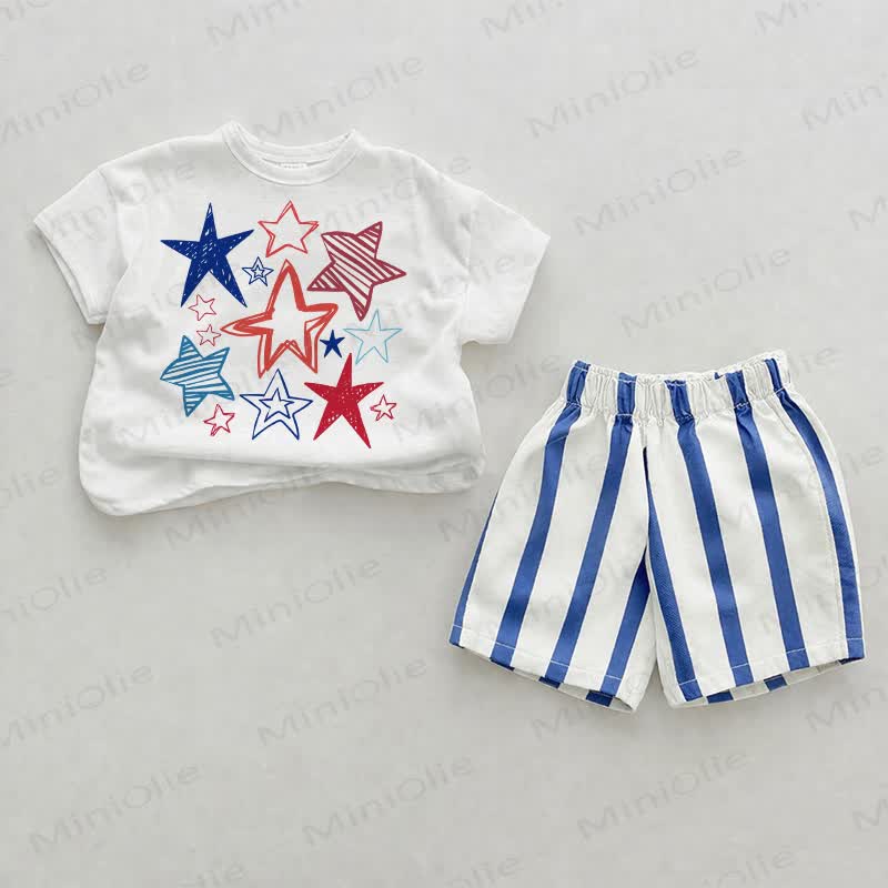 Baby Star Print Blue Vertical Striped 2-piece Shorts Set - White&Blue - 2-3T - image 1