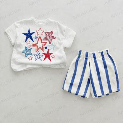Baby Star Print Blue Vertical Striped 2-piece Shorts Set - White&Blue - 2-3T - image 1