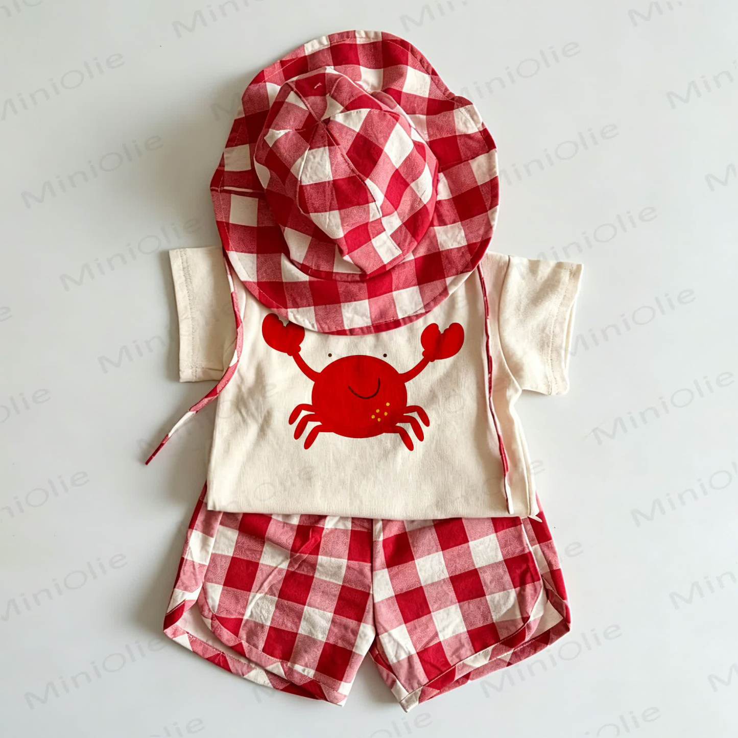 Toddler Red Crab Print Plaid 2-piece Set with Hat - White&Red - 6-7T - image 1