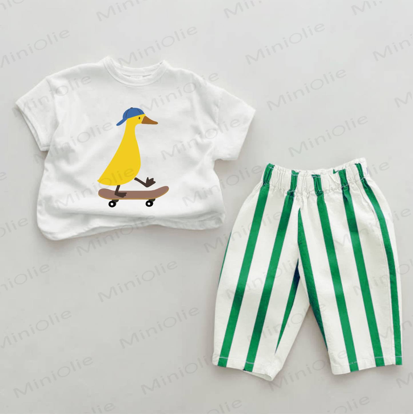 Baby Skateboarding Duck Print Green Striped 2-piece Set - Green&White - 2-3T - image 1