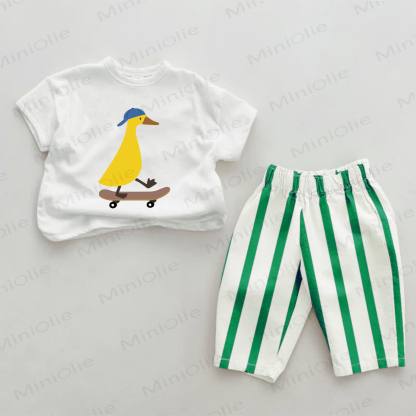 Baby Skateboarding Duck Print Green Striped 2-piece Set - Green&White - 2-3T - image 1
