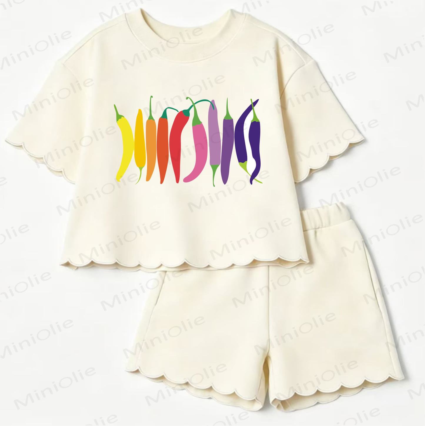 Baby Chili Print Scalloped Edge T-shirt and Shorts 2-Piece Set - Beige - 3-4T - image 1