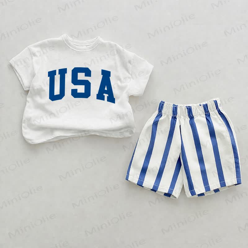 USA Baby Blue Vertical Striped 2-piece Shorts Set - White&Blue - 2-3T - image 1