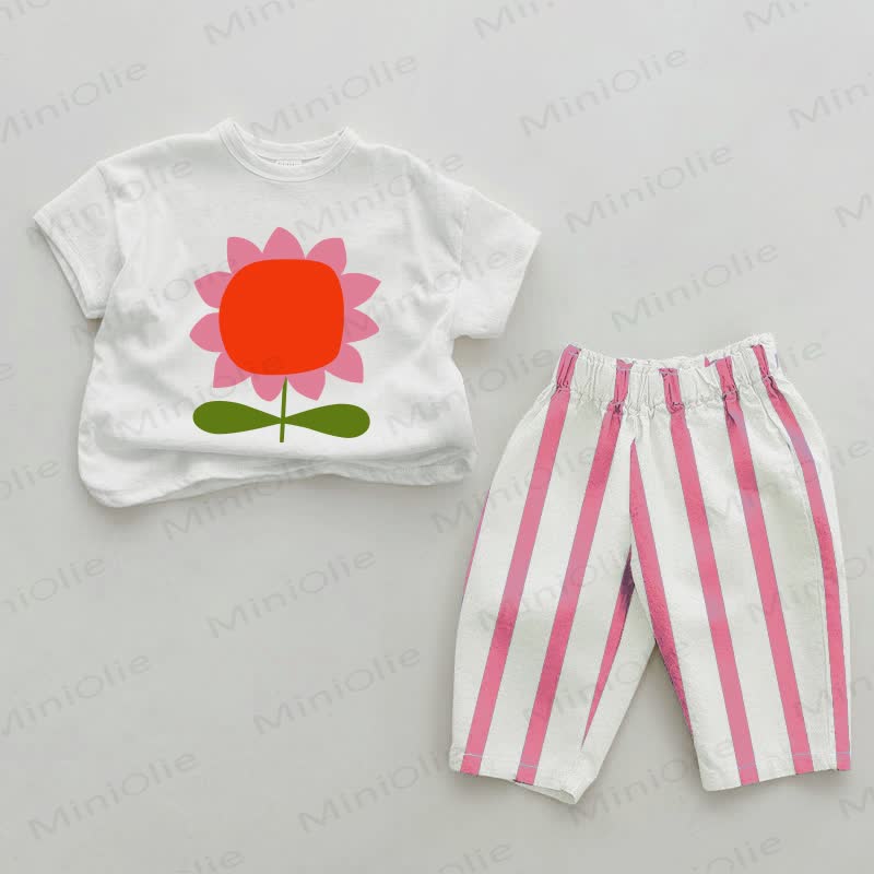 Baby Flower Print Pink Vertical Striped 2-piece Set - White&Pink - 2-3T - image 1
