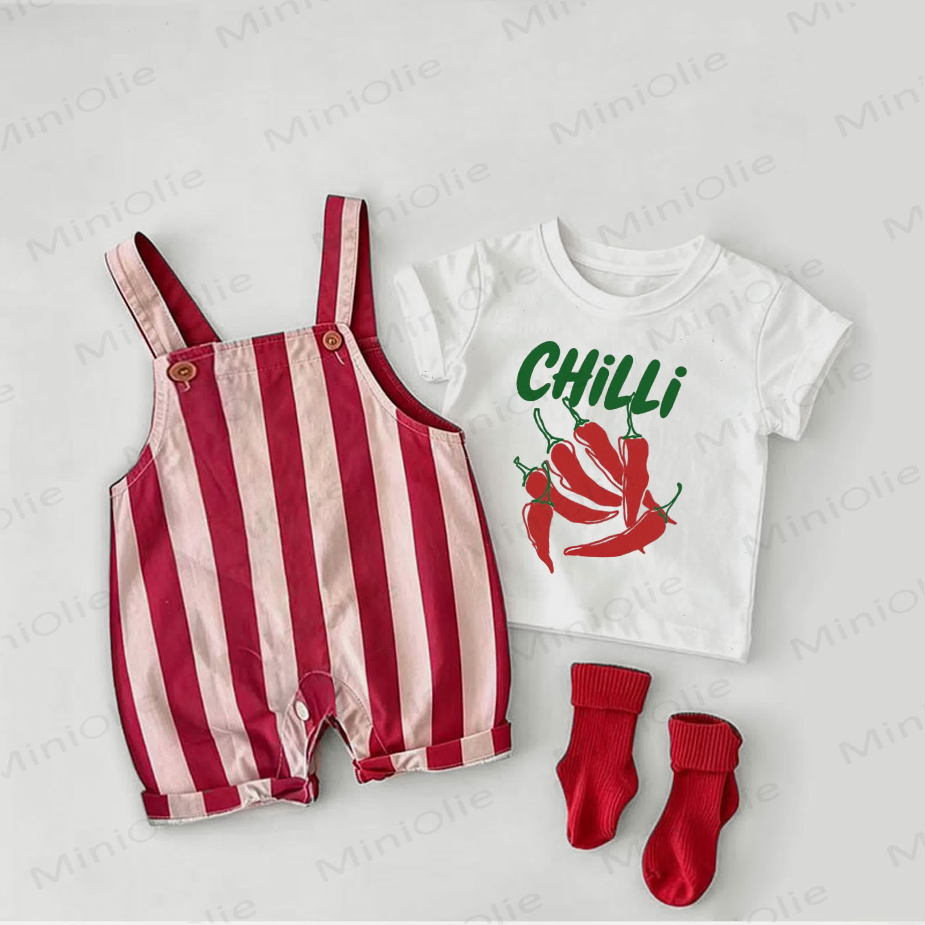 CHILLI Baby Red Stripe Overalls and White Tee 2-piece Set - White&Red - 2-3T - image 1