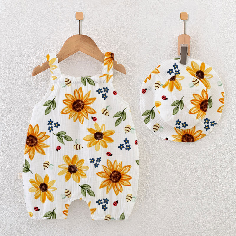 Baby Girls Sunflower Print White Jumpsuit with Hat - White - 18-24M - image 1