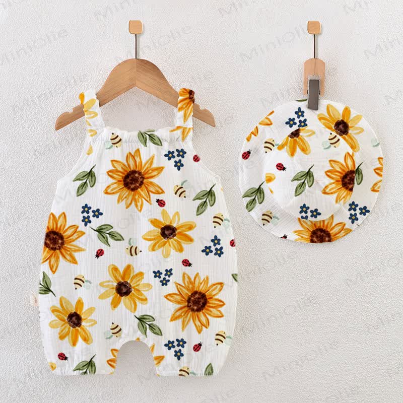 Baby Girls Sunflower Print White Jumpsuit with Hat - White - 18-24M - image 1
