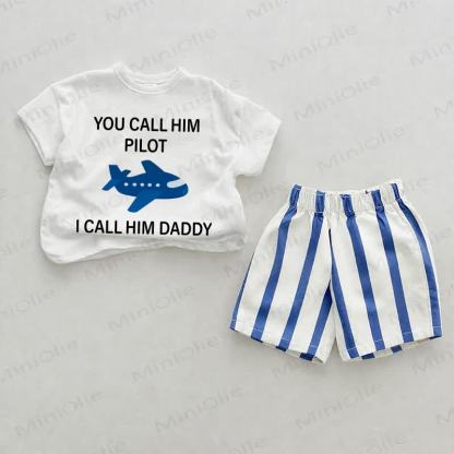 YOU CALL HIM PILOT I CALL HIM DADDY Baby Blue Vertical Striped 2-piece Shorts Set - White&Blue - 2-3T - image 1